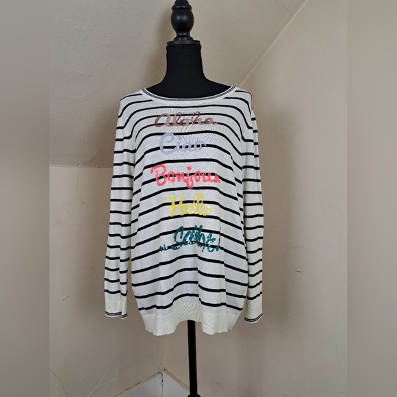 Talbots Sequins “Hello” in Different Languages Stripe Sweater Size X(2X) - Picture 1 of 11